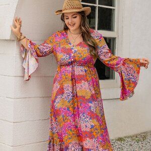 Plus Size Printed V-Neck Long Sleeve Maxi Dress